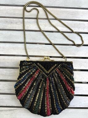 Vintage Black Carla Marchi Evening Bag with gold toned strap